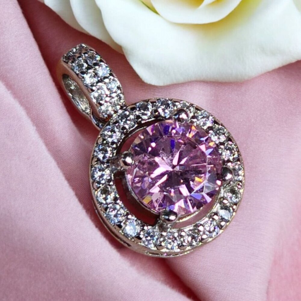 3ct Pink Moissanite ✦ Halo Pendant Necklace ✦ 925 Silver 14K Gold Overlay 18" - Picture 4 of 11